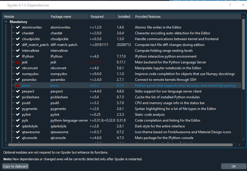 Jedi and parso dependencies requirements met, but error still found