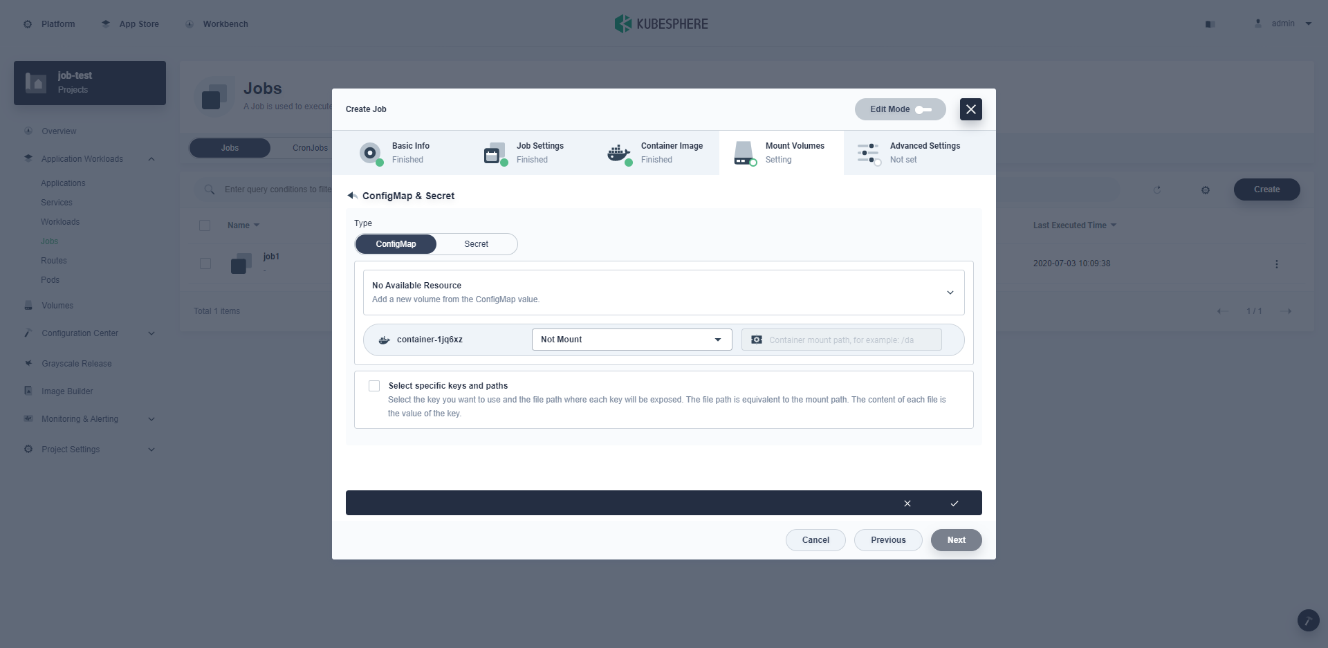 It cannot select existing configmaps and secrets when create job