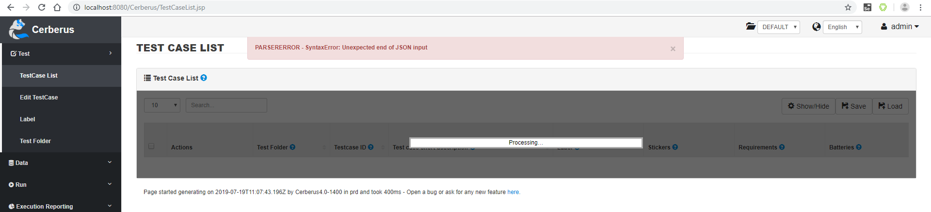 Error on page TEST case list for Cerberus (Chrome) on Windows 10 pro ...