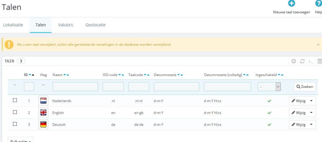 Languages installed in Prestashop