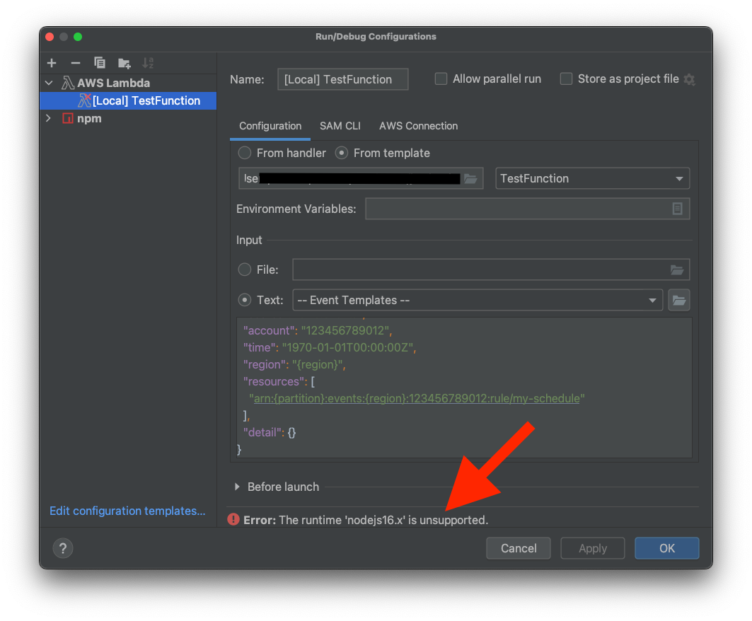 Local AWS Lambda Run/Debug Configuration: Error: The runtime 'nodejs16 ...