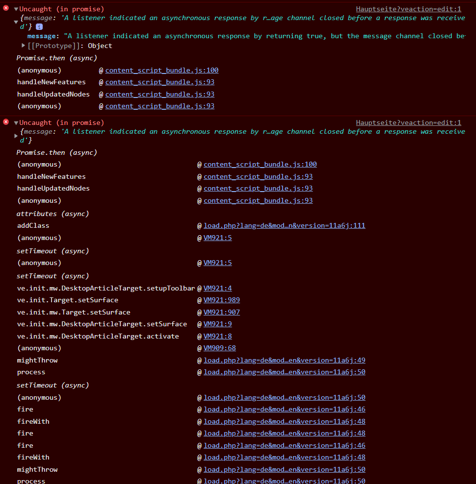 Multiple jQuery errors when interacting with the VisualEditor ("A
