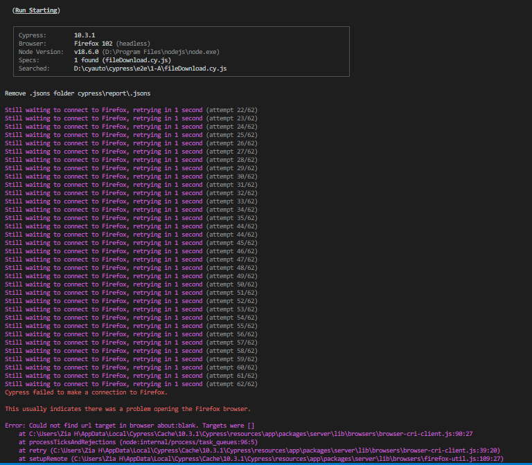 Firefox Cypress version 10 and above, tests not being running in