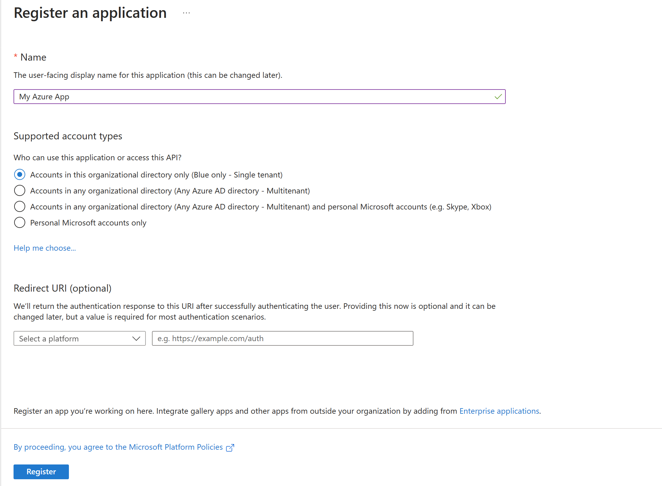 A picture of the register an application wizard in Azure AD