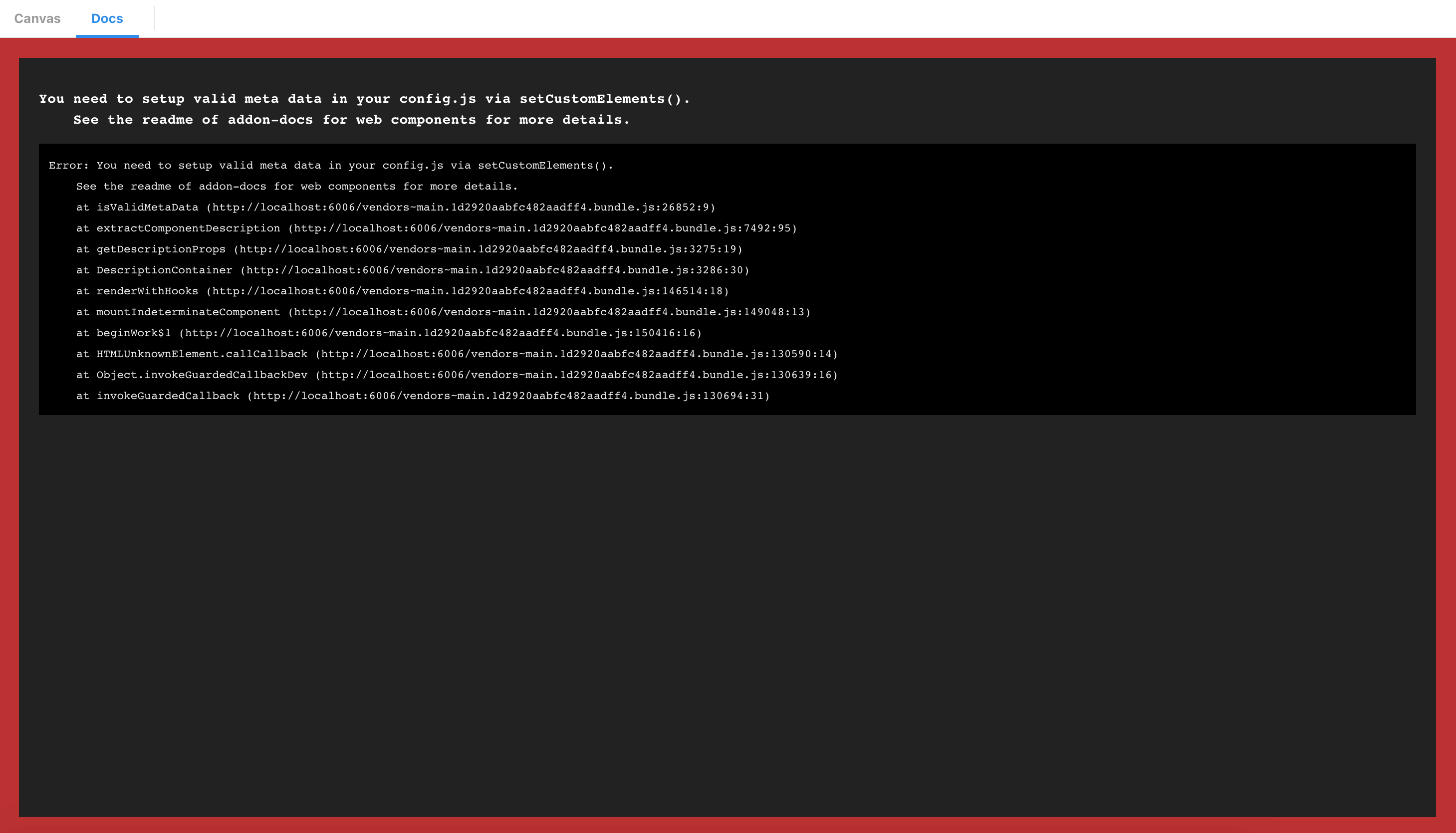 Invalid metadata set via setCustomElements() Addon docs for