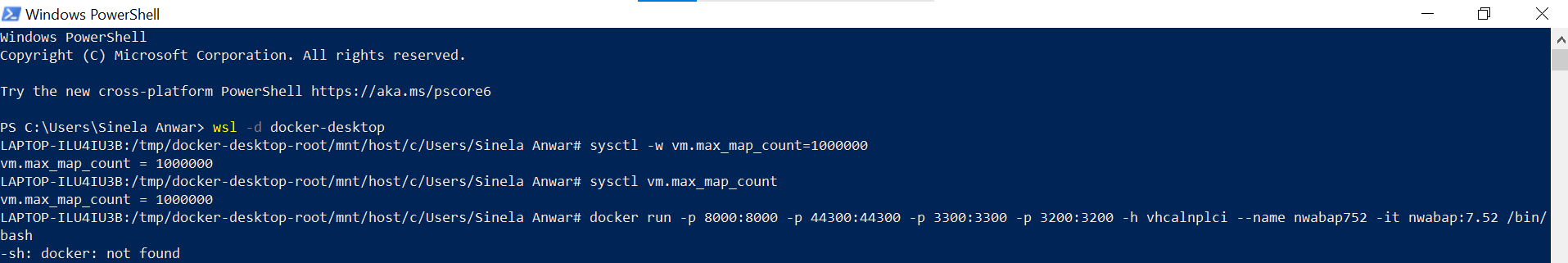 While running docker container I'm getting an error -sh: docker: not ...
