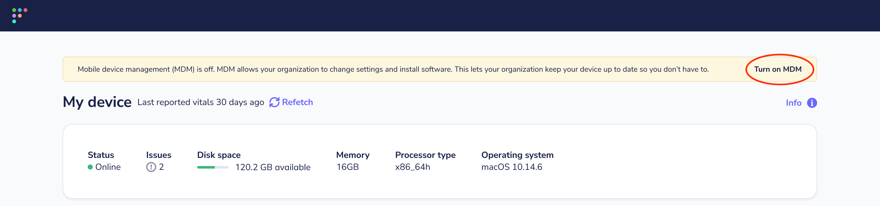 My device page - turn on MDM