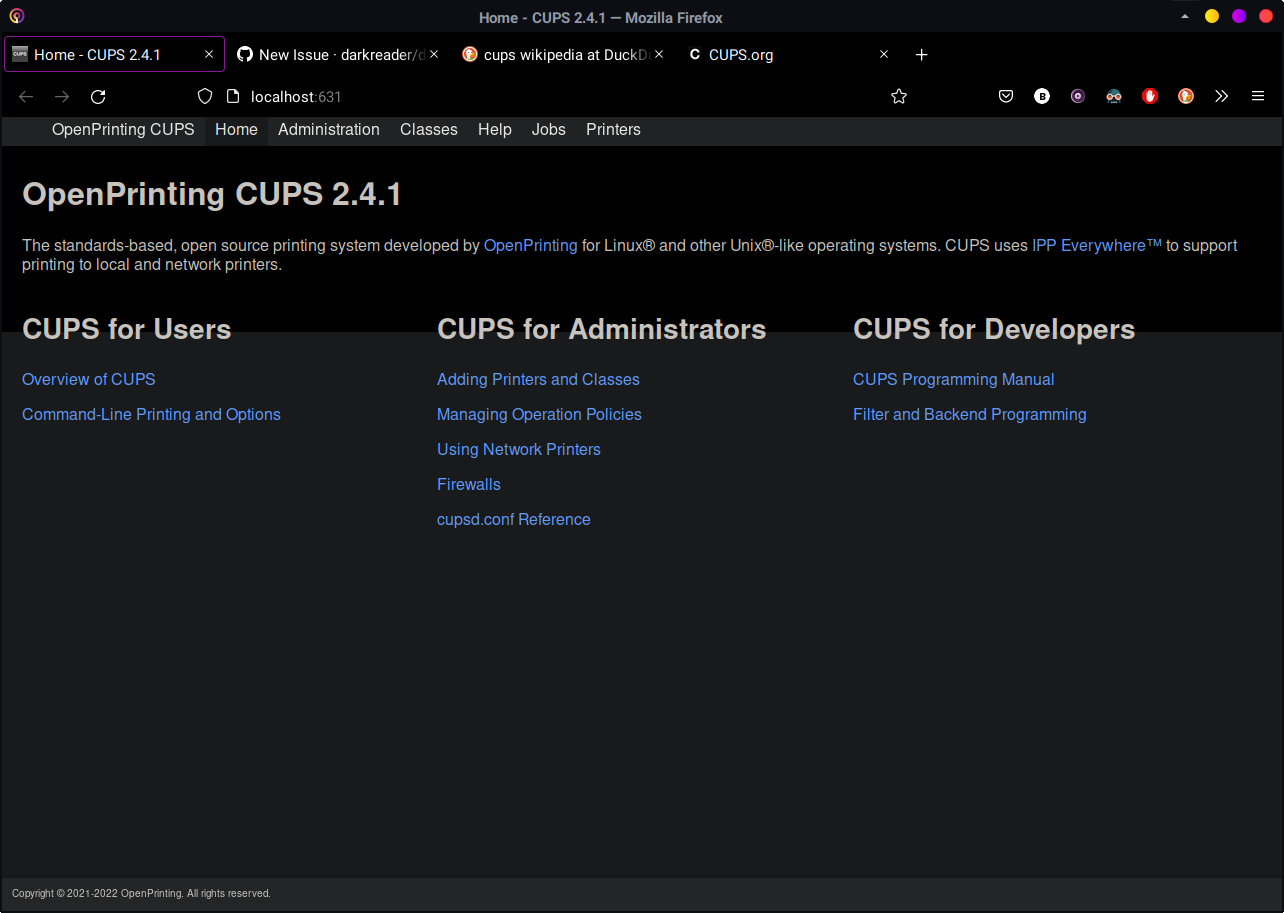 [Broken site] CUPS web interface · Issue 8607 · darkreader