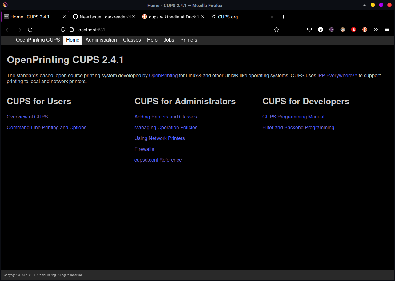 [Broken site] CUPS web interface · Issue 8607 · darkreader