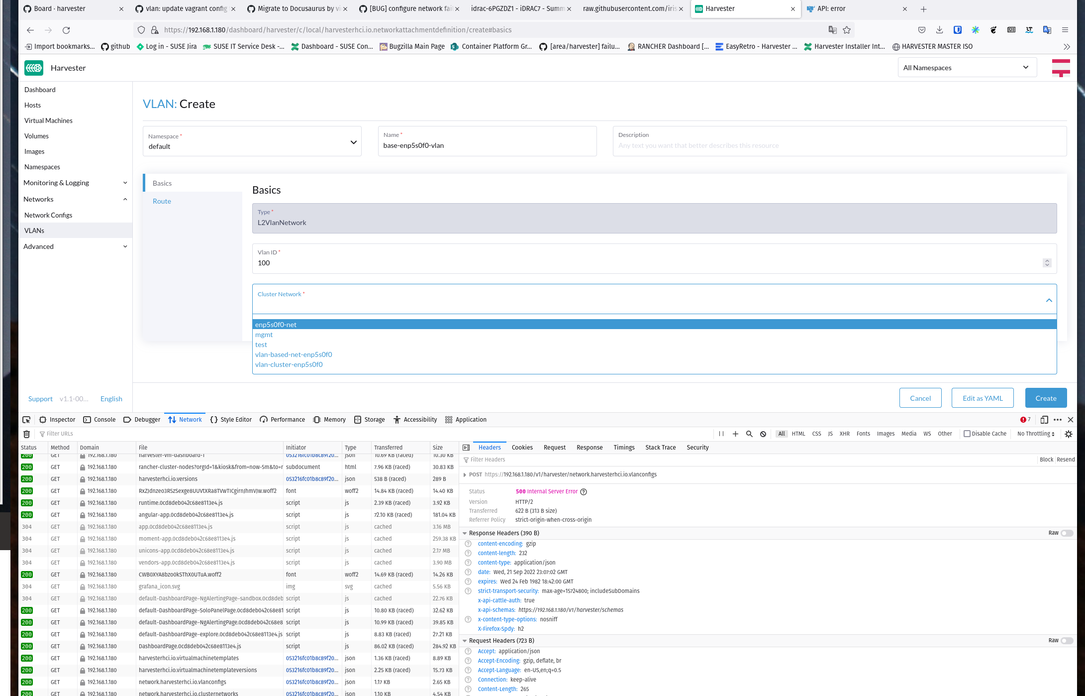 [BUG] v1.1008b5d50head, network.harvesterhci.io.vlanconfig GUI Sends