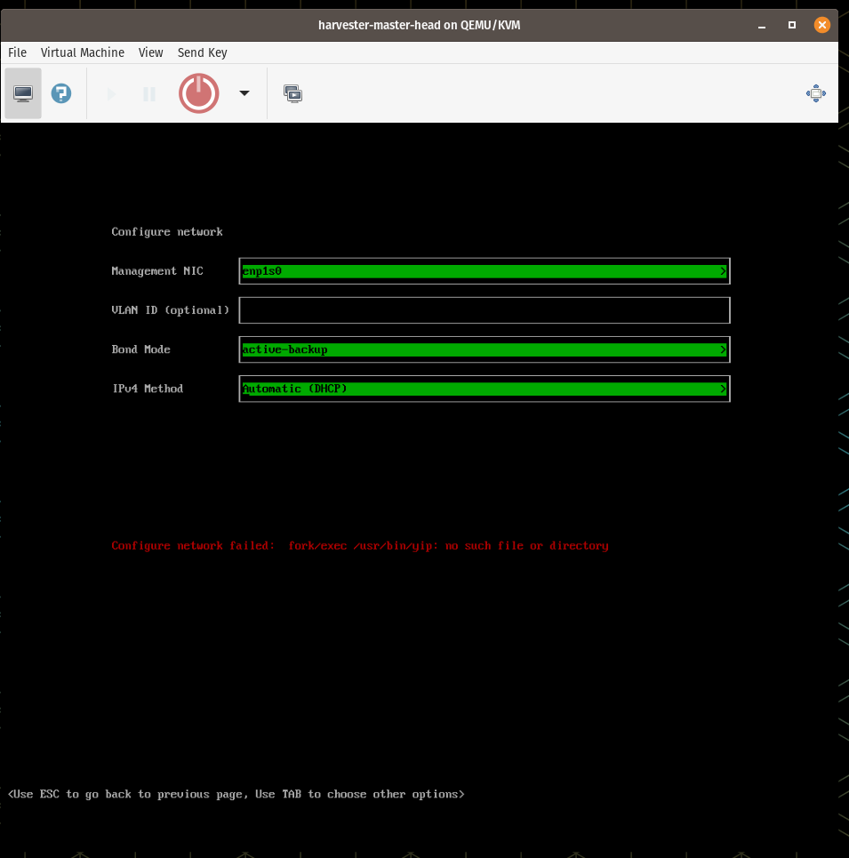 [BUG] Harvester Master ISO Install Fails On Network Section `Configure