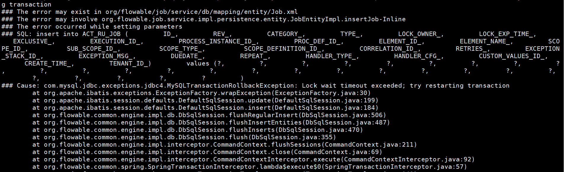 Flowable ：Lock wait timeout exceeded; try restarting transaction ...
