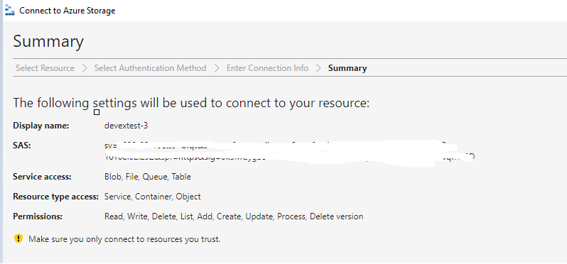 Miss the services endpoint and account name in the 'Summary' dialog ...