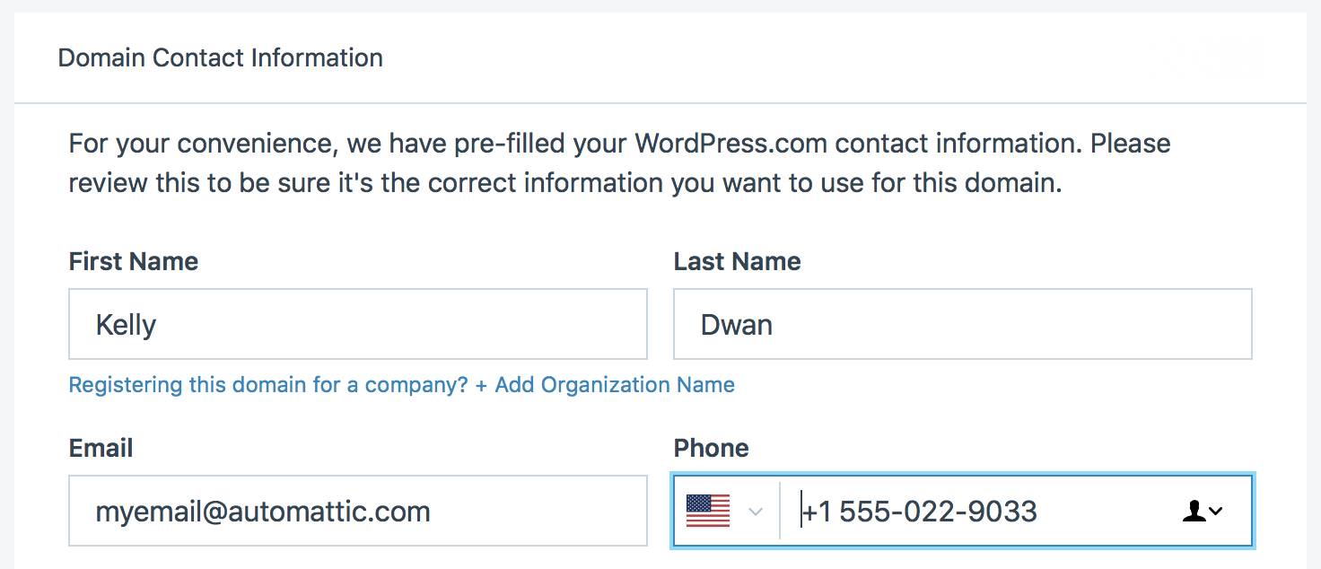 screenshot of page with name, email, and phone fields populated, no errors, focus in phone field
