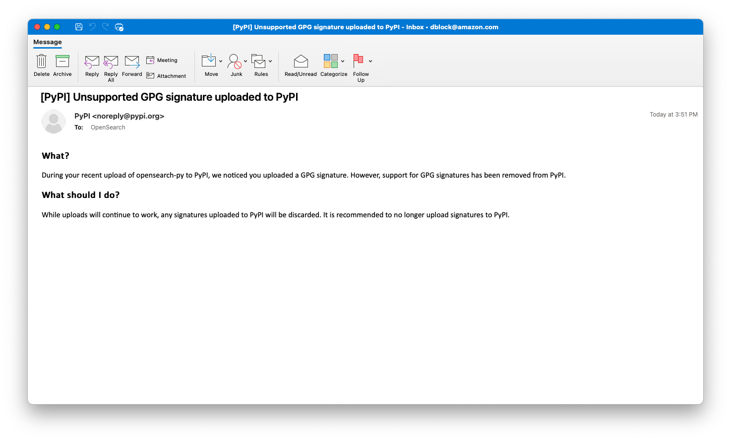 [BUG] Publishing to pypi yields email about GPG signatures not required
