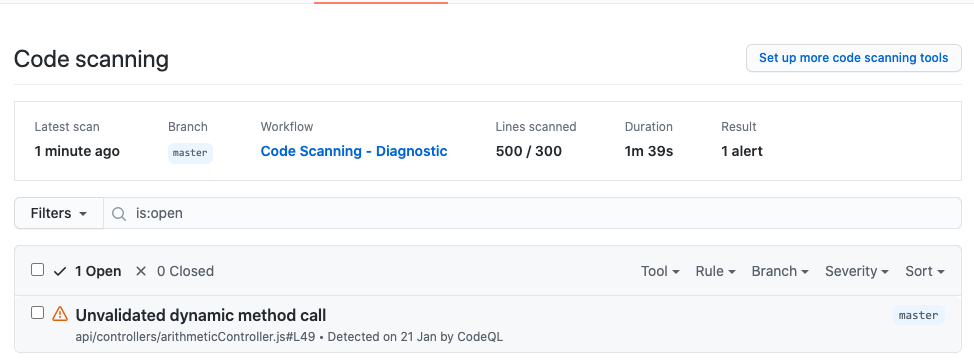 Code scanning CodeQL security tab