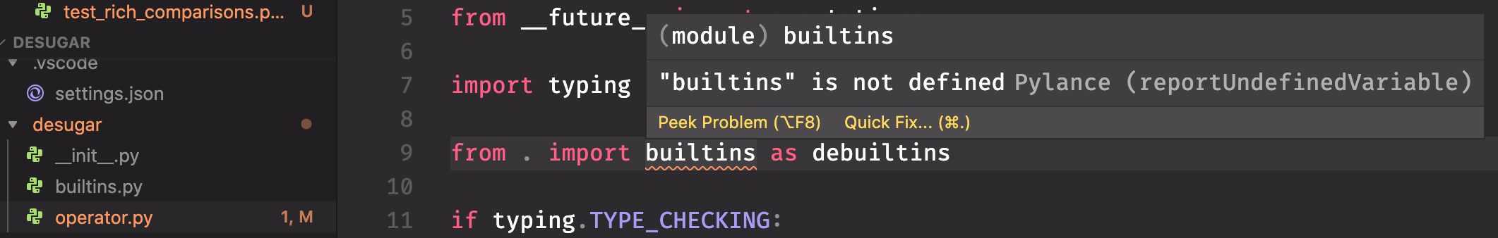Pylance claims `from . import builtins as ...` does not exist as a ...