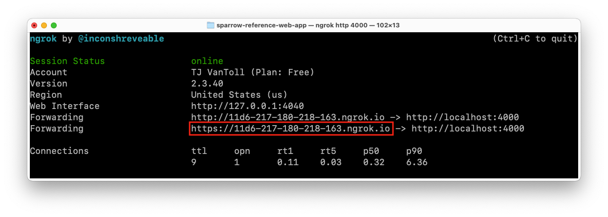 Example of ngrok running