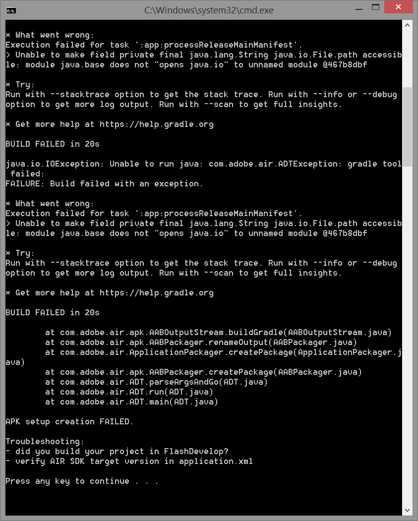I can't build AAB using AIR 33.1.1.575 and the latest JDK 16.0.2 ...