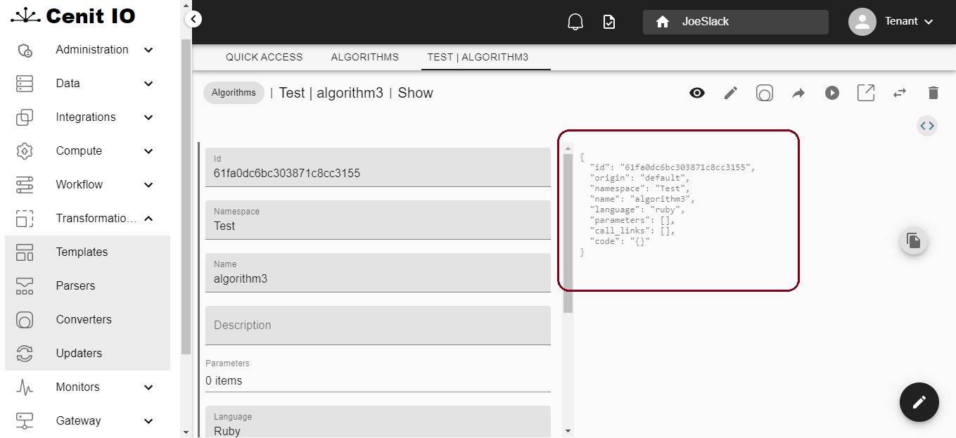 Generic menu json code show