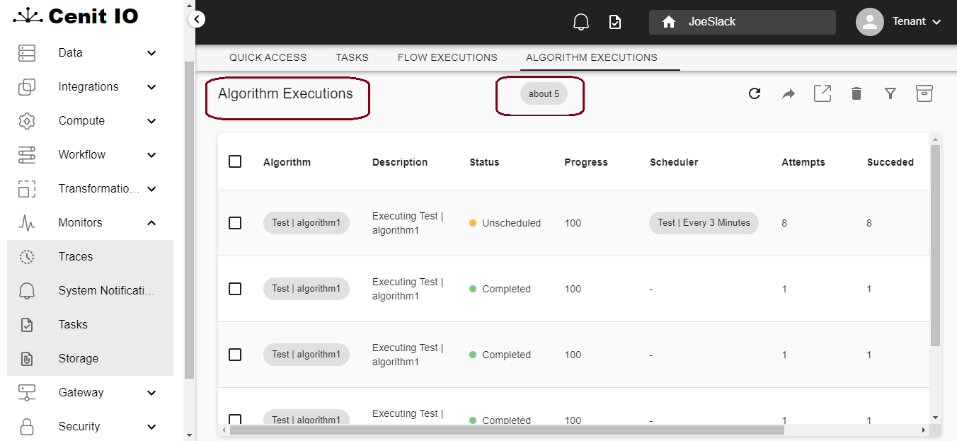 Tasks algorithm executions
