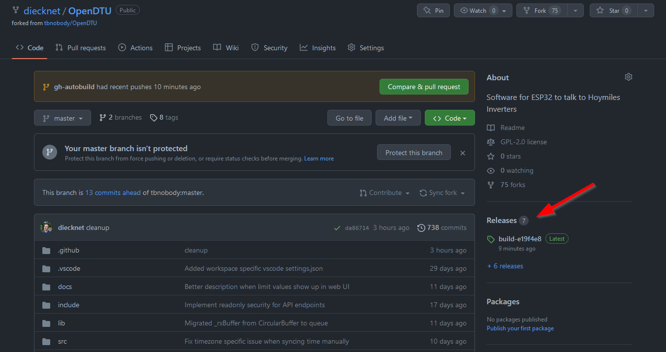 Screenshot of forked repo with releases