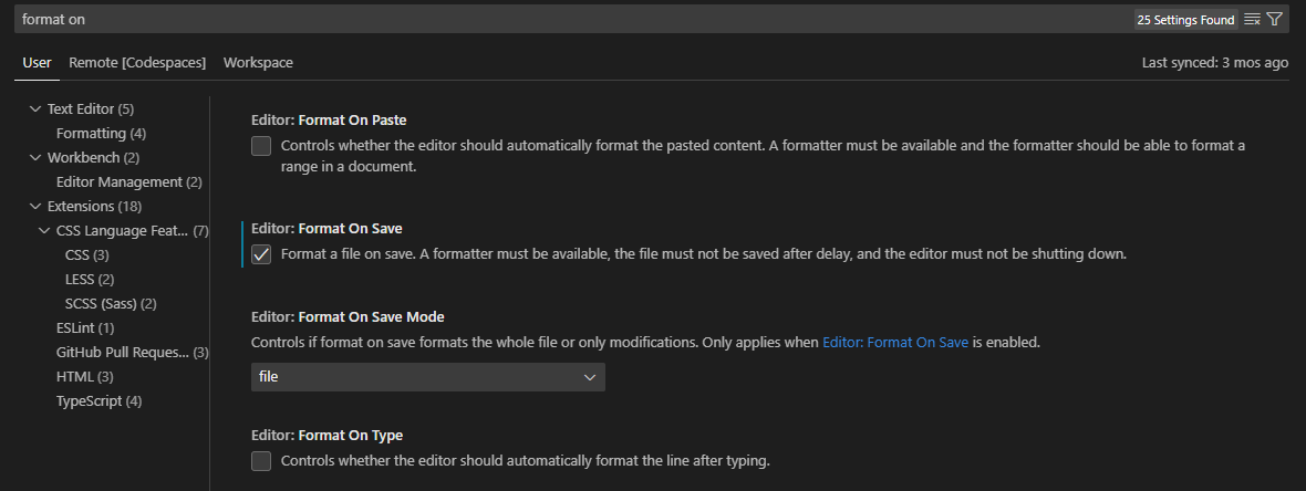 User editor formatting setting options