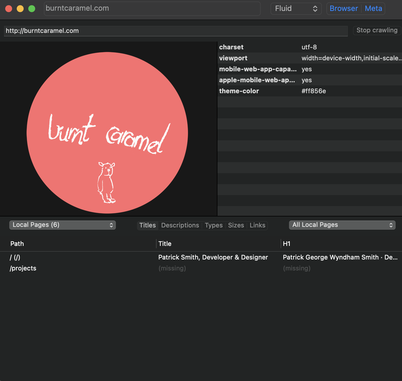 Lantern standard view. User is looking at title data of a site's home page