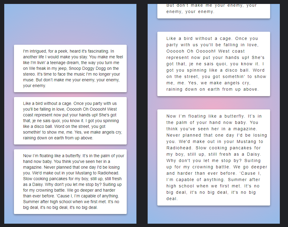 Example of an AMP story page with content that fits into a page, and the same page with content overflowing out of the page boundaries - and becoming unreadable/unreachable - when increased text spacing metrics are applied