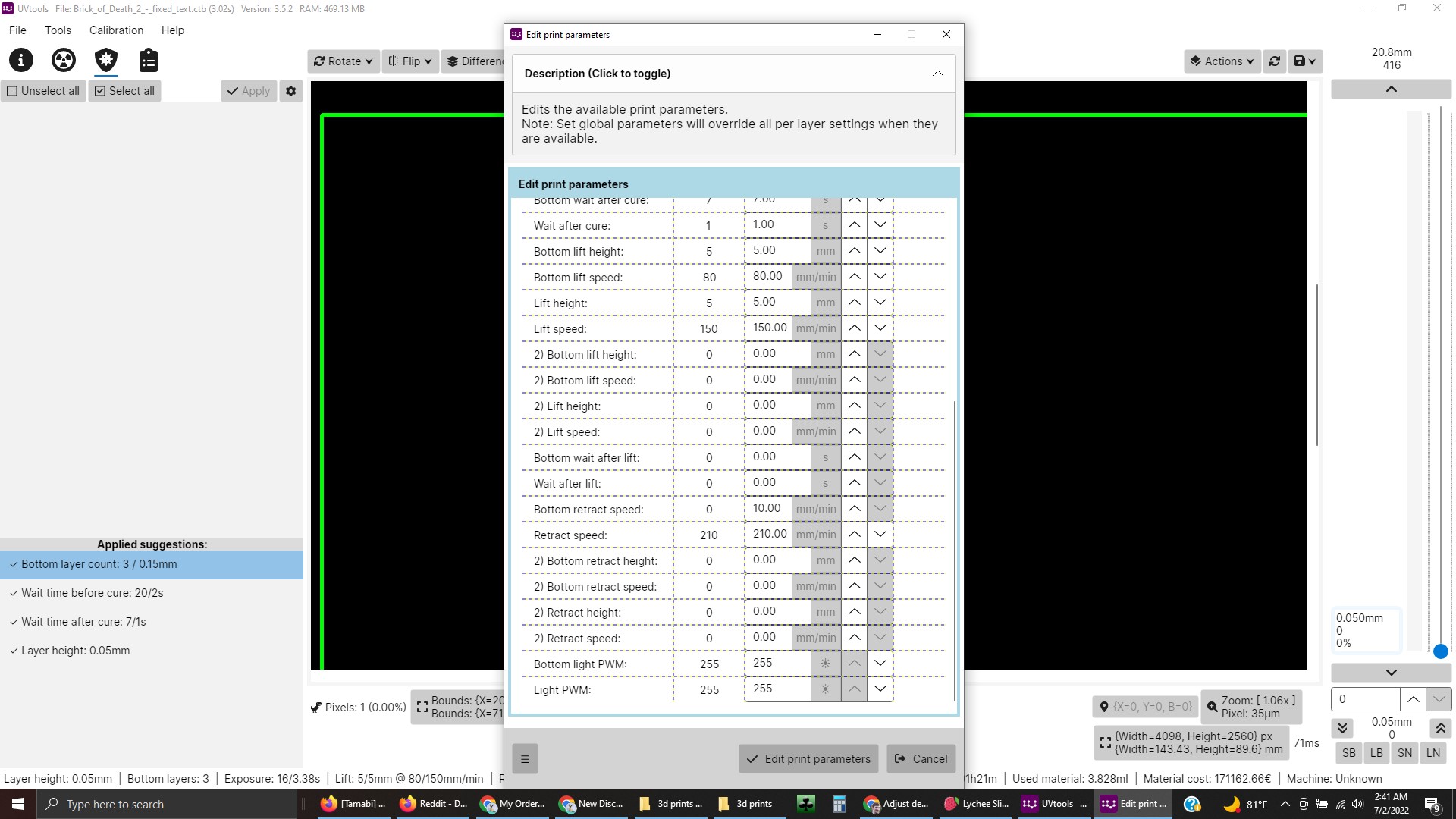 Edit Print Parameters: Default Bottom Retract speed? · sn4k3