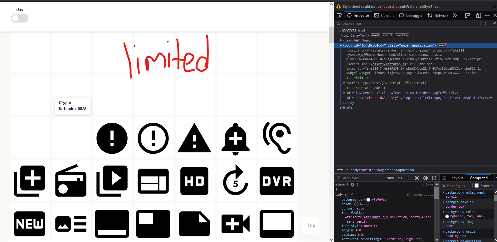 The limited icon set in font drop. A tooltip for an icon glyph says: 'Glyph: , Unicode: None'.