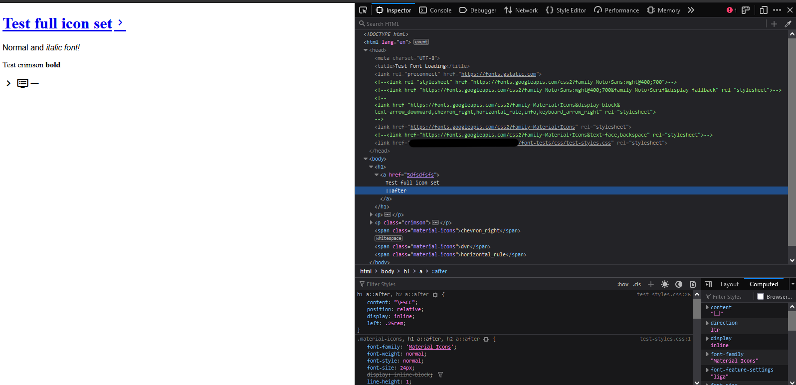 Screenshot of the same example page, this time with no text in the URL, and the chevron icon visible in the pseudoelement