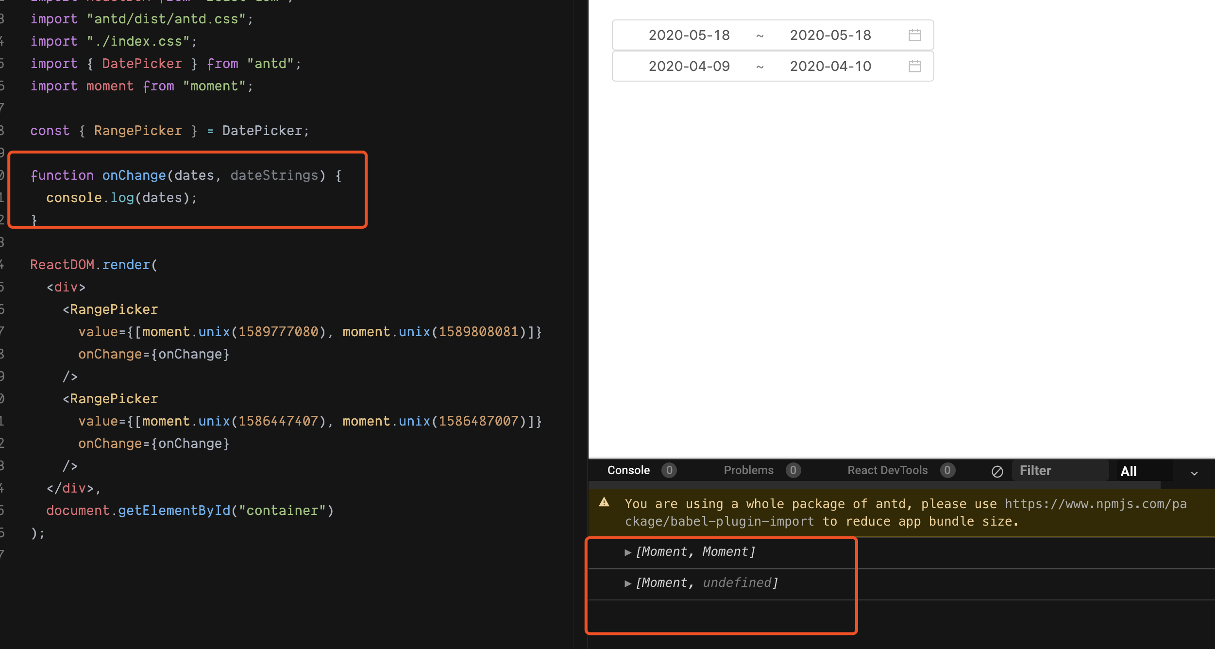 RangePicker在某些默认时间设置下,start_time 和end_time选取同一个时间 onChange ...
