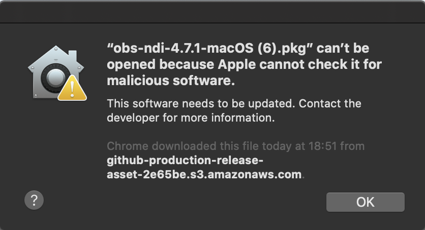 Obs Ndi 4 7 1 Macos 7 Pkg Can T Be Opened Because Apple Cannot Check It For Malicious Software Issue 385 Palakis Obs Ndi Github