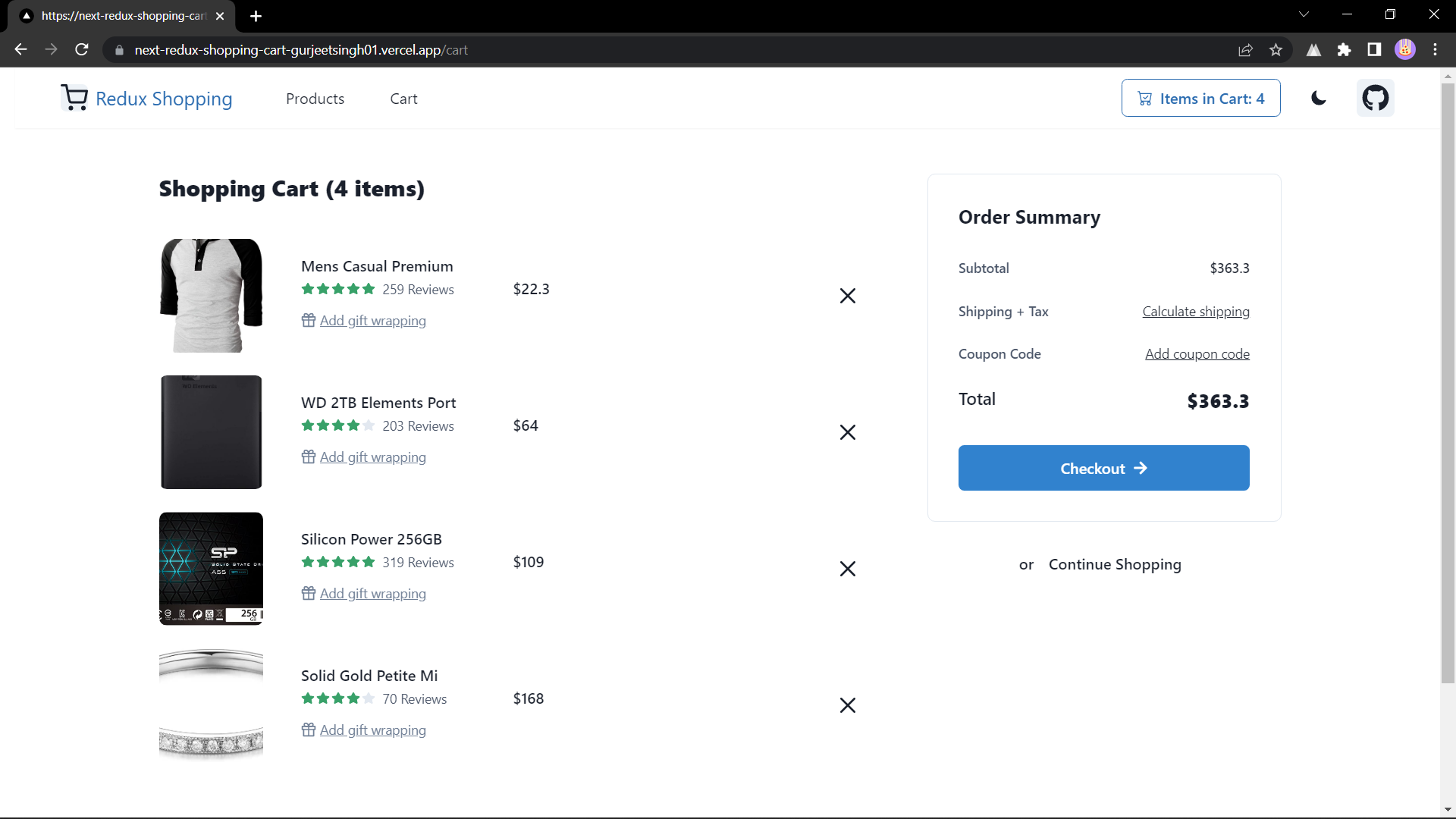 GitHub Shopping Cart to demonstrate use of Redux