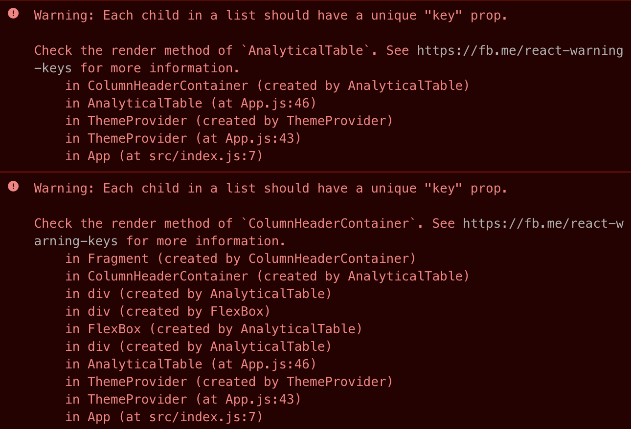 AnalyticalTable Each child in a list should have a unique "key" prop