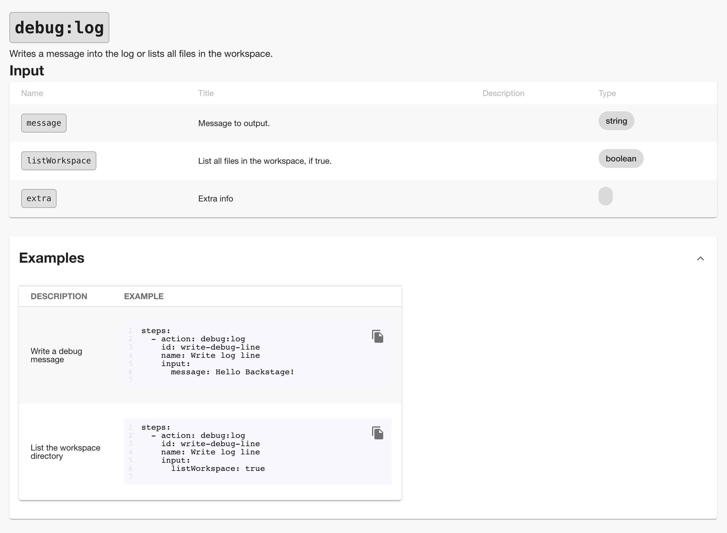 add examples of scaffolder action inputs to docs by punkle · Pull