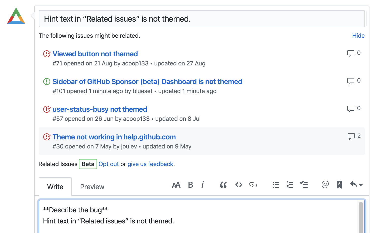 Hint text in “Related issues” is not themed. · Issue #102 ...