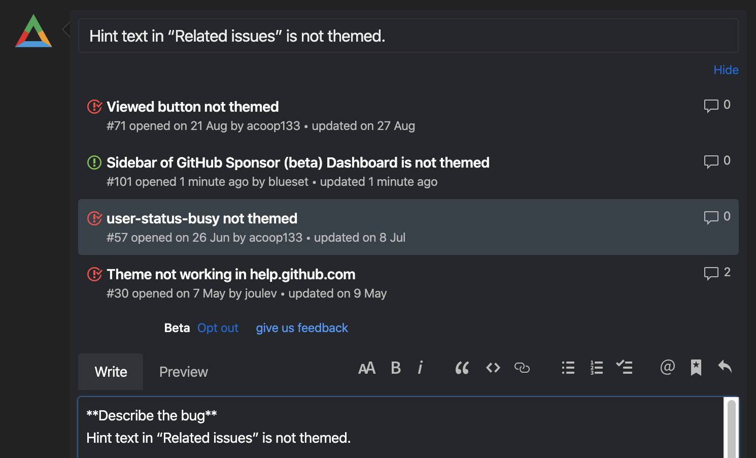 Hint text in “Related issues” is not themed. · Issue #102 ...