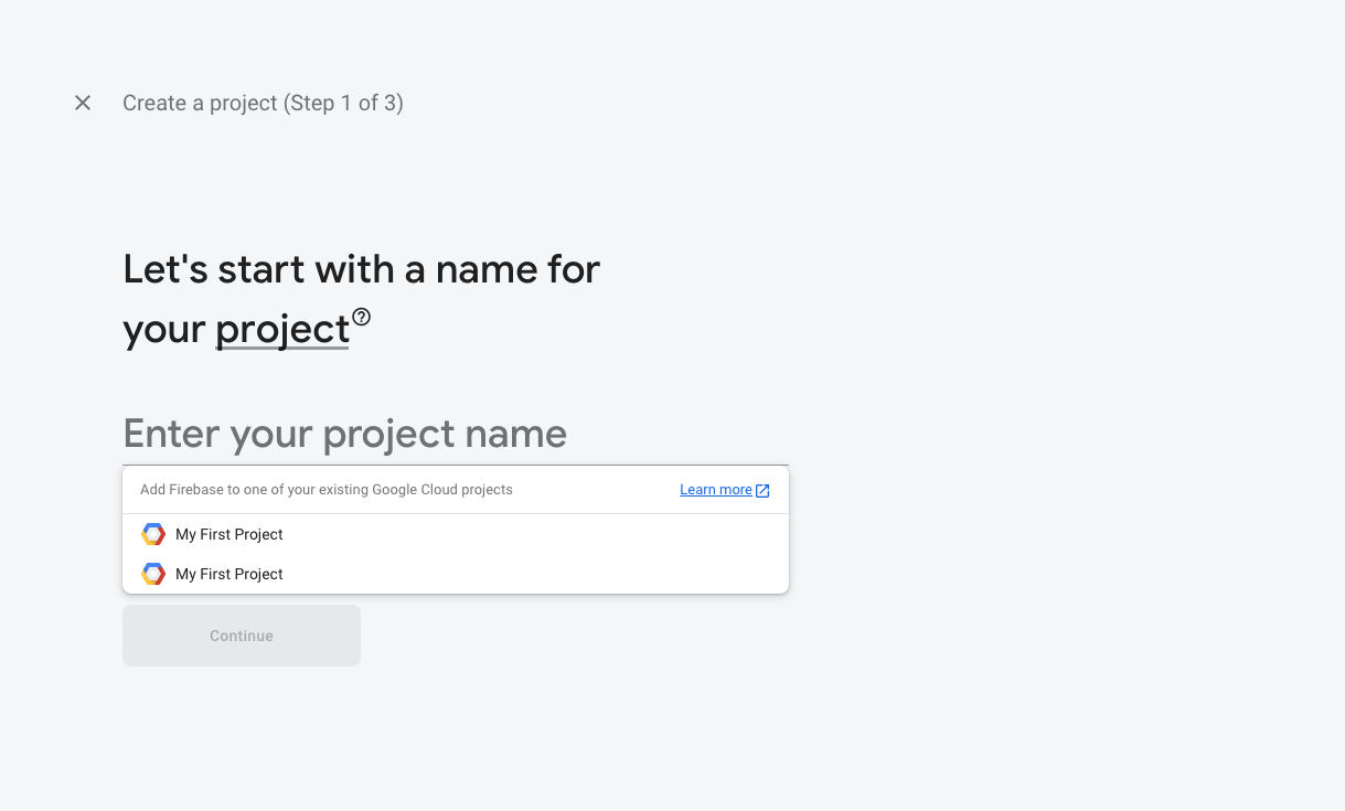 The start of creating a firebase project