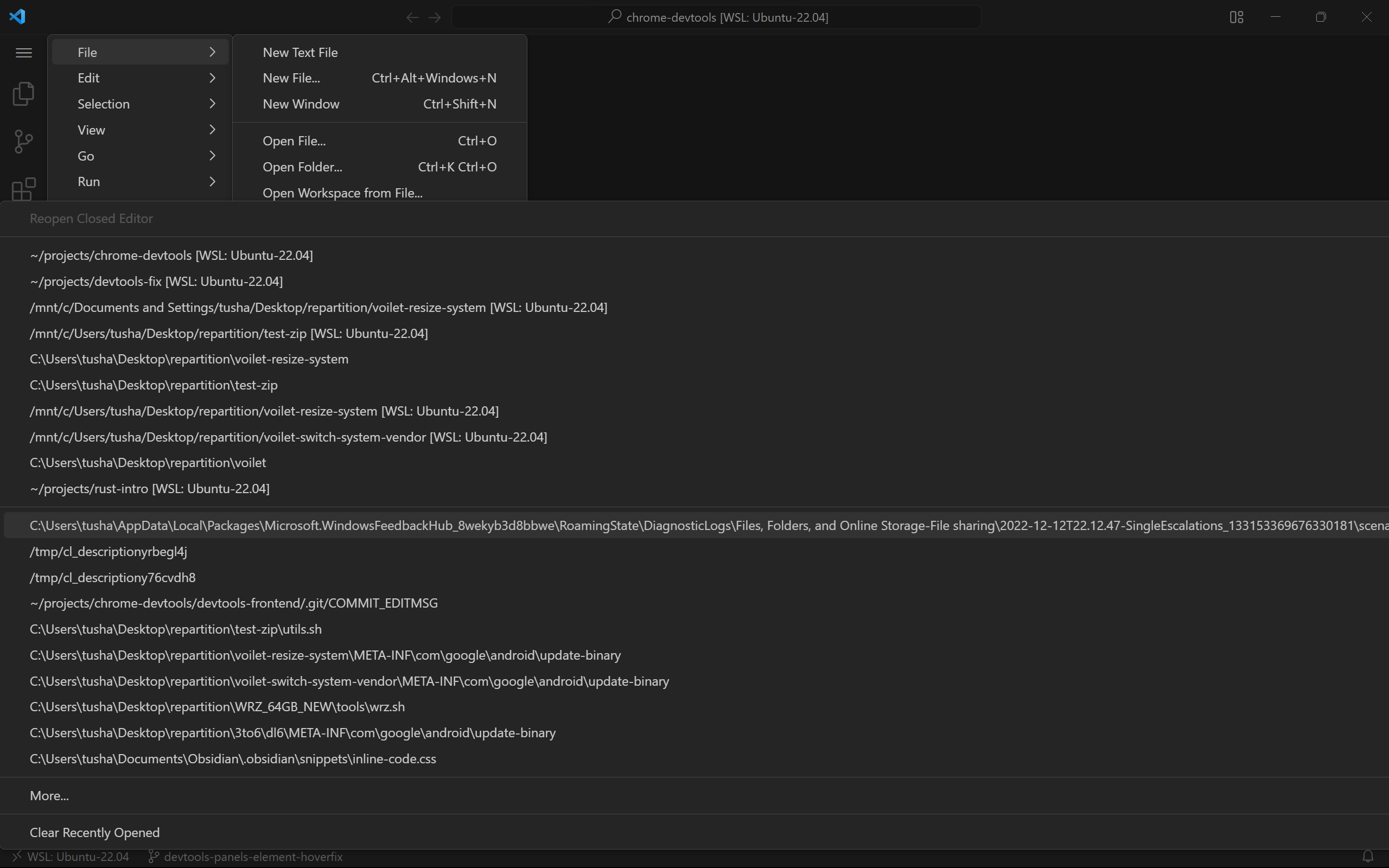  open recent menu takes up full width of the window when it contains