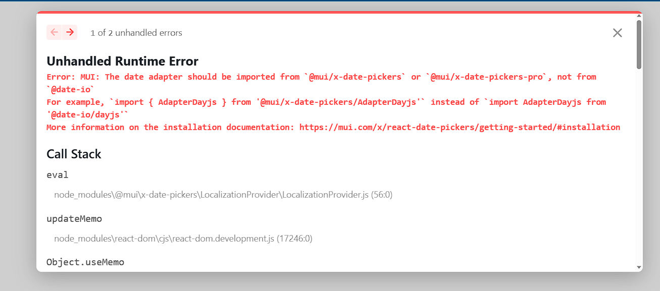 LocalizationProvider DateAdapter from tarzui/datefnsbe is not