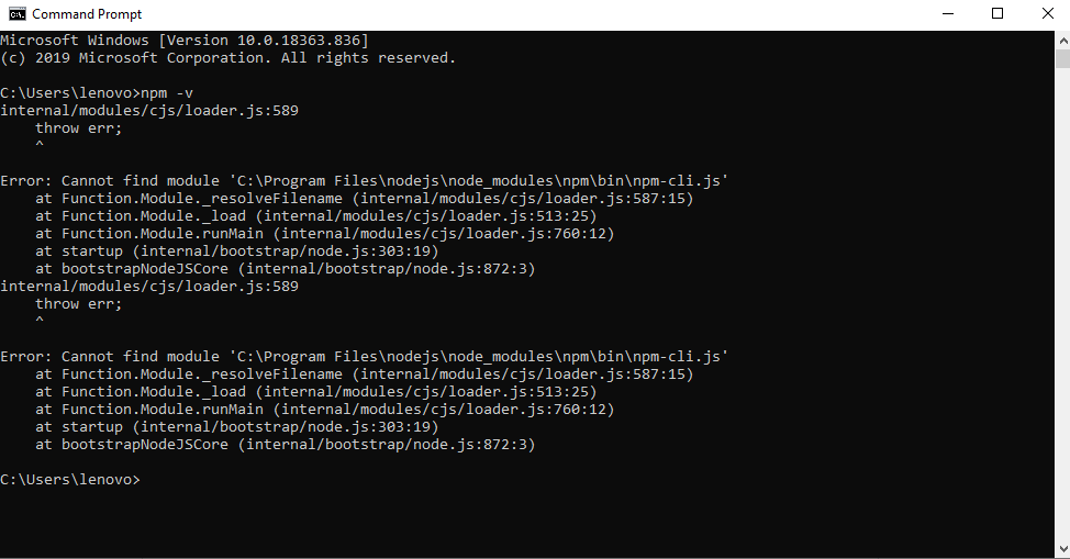 throw err; while typing npm -v · Issue #186 · insidesherpa/JPMC-tech ...