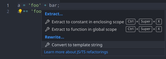 `Convert to template string` quick fix not available in assignment ...