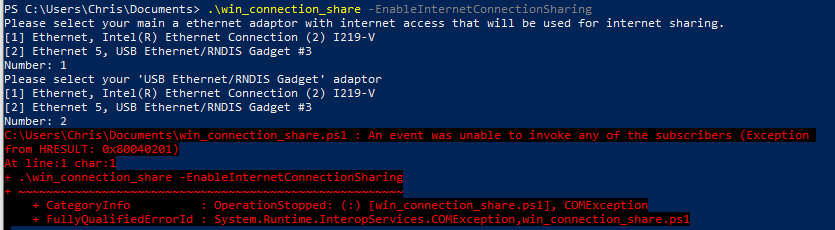 [BUG] Error when running win_connection_share.ps1 script. "An event was ...