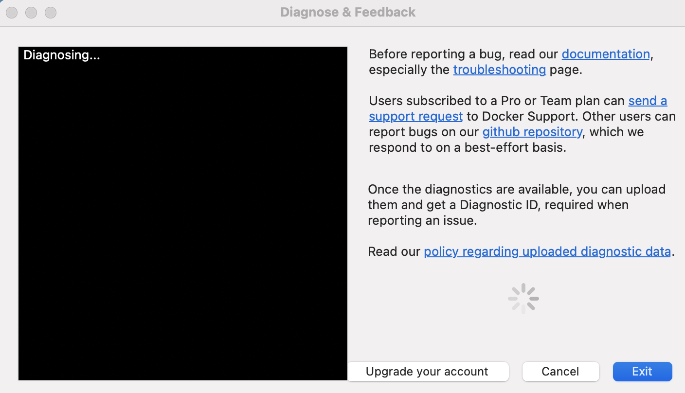 Docker for mac failed to boot, then diagnostics failed to capture ...
