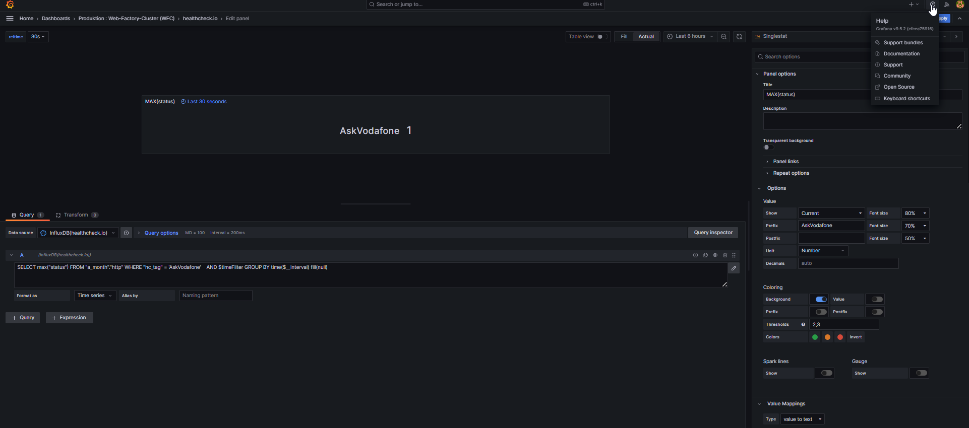 Singlestat panel thresholds not working for colors in Grafana 9.5.2