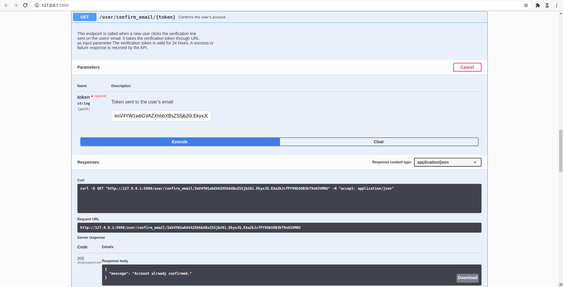 Perform manual testing and report GET /user/confirm_email/{token} API ...