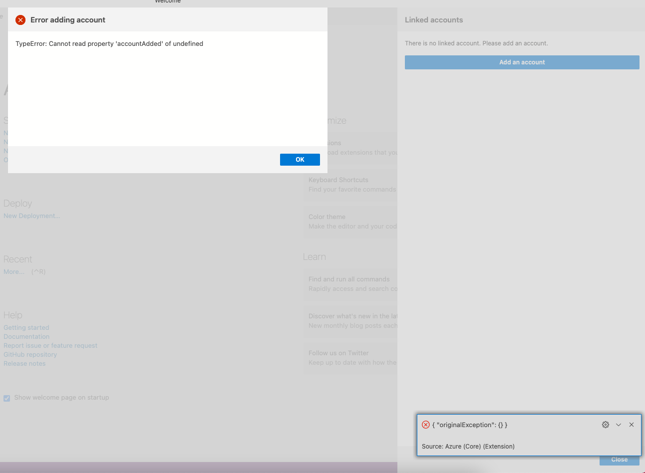 Azure Data Studio 1.31.1 Failure Adding Account via Azure Active ...
