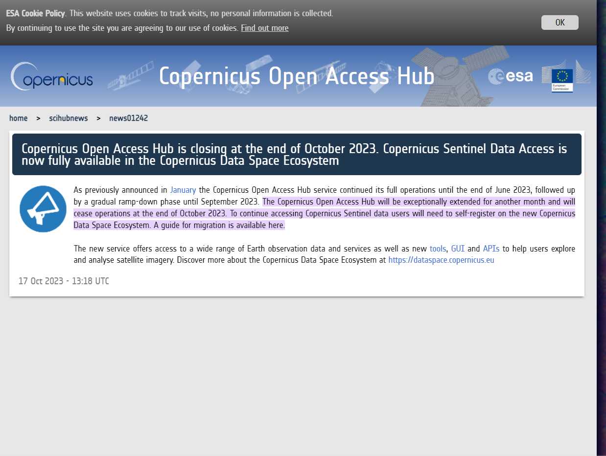 Package Needs Update as Copernicus Open Access Hub is closing at the